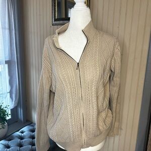 Van Heusen Cable Knit Full Zip Sweater Ramie Cotton Beige Zip Neck Size M